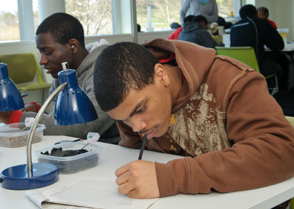 PHOTO: A high-schooler charts soil data in the classroom.
