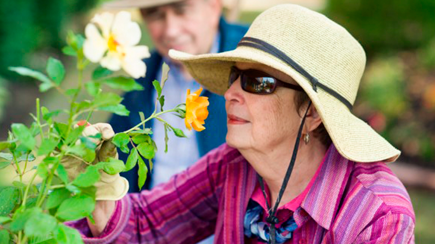 A senior engages with colorful and inviting roses at Elm Tree Gardens in Lansdale, Pennsylvania.